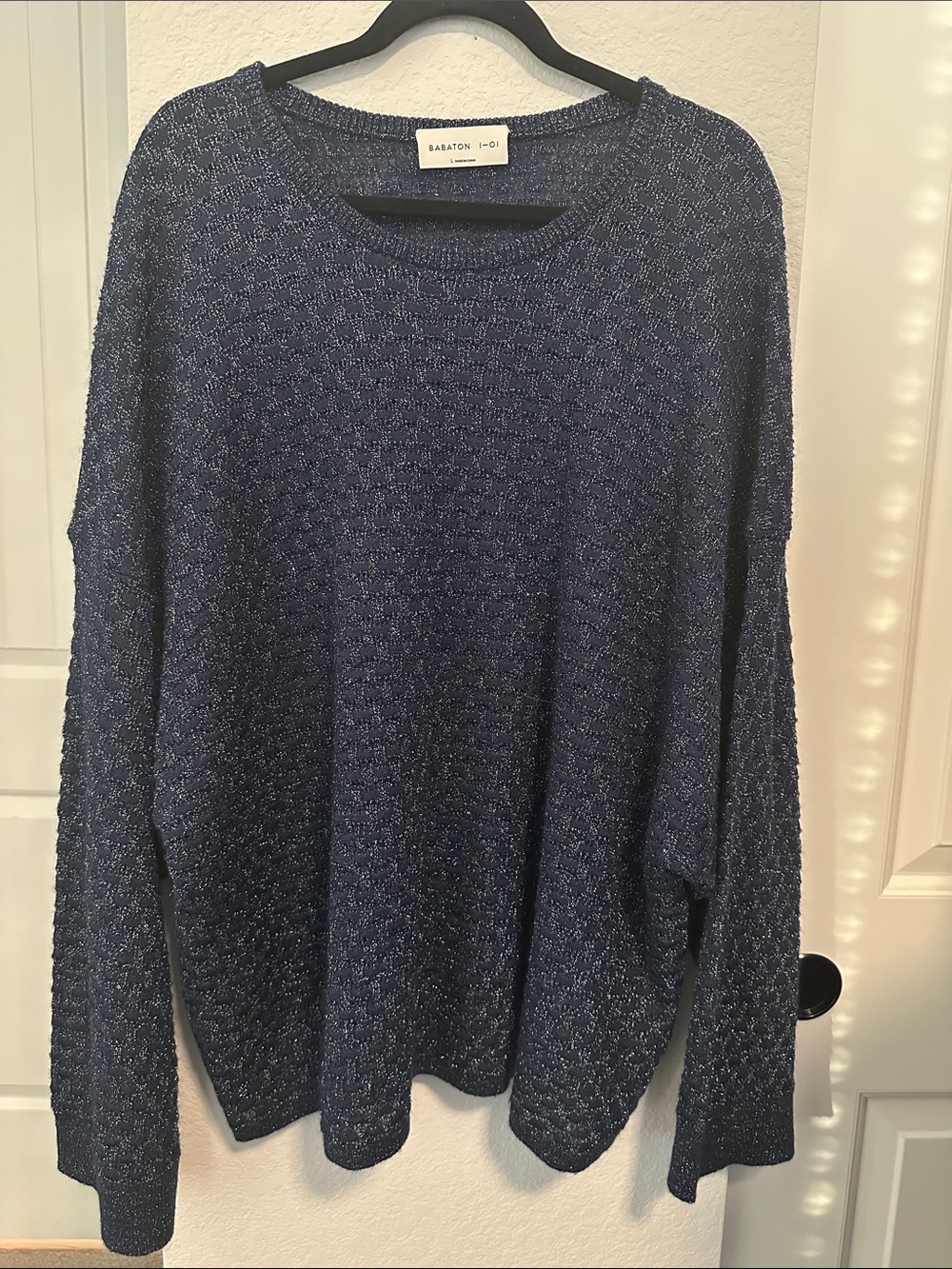Babaton Navy Blue Metallic Mohair Wool Blend Knit Sweater Size L